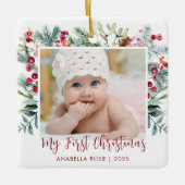 Waterverf Holly Berry Babys Eerste Kerstmis Foto Keramisch Ornament (Voorkant)
