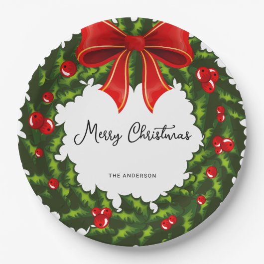Waterverf Holly Berry en rood lint feestelijk Papieren Bordje (Voorkant)