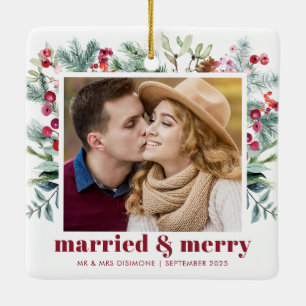 Waterverf Holly Berry getrouwd en vrolijk foto Keramisch Ornament