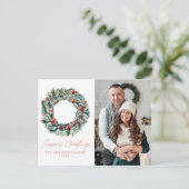 Waterverf Holly Berry & Greenery Krans 2 Foto Feestdagenkaart (Staand voorkant)