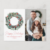 Waterverf Holly Berry & Greenery Krans 2 Foto Feestdagenkaart (Voorkant)