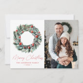 Waterverf Holly Berry & Greenery Wreatfoto Feestdagenkaart (Voorkant)