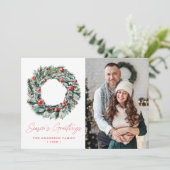 Waterverf Holly Berry & Greenery Wreatfoto Feestdagenkaart (Staand voorkant)