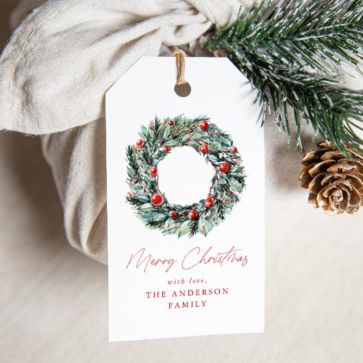 Waterverf Holly Berry & Greenery Wreath Cadeaulabel