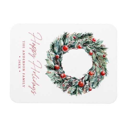 Waterverf Holly Berry & Greenery Wreath Holiday Magneet (Horizontaal)
