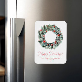 Waterverf Holly Berry & Greenery Wreath Holiday Magneet