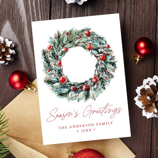 Waterverf Holly Berry & Greenery Wreath Non-Foto Feestdagenkaart