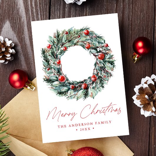 Waterverf Holly Berry & Greenery Wreath Non-Foto Feestdagenkaart