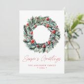 Waterverf Holly Berry & Greenery Wreath Non-Foto Feestdagenkaart (Staand voorkant)