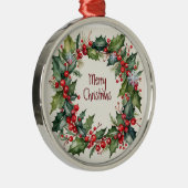 Waterverf Holly Berry Groen Kerstmis Metalen Ornament (Rechts)