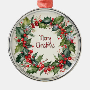 Waterverf Holly Berry Groen Kerstmis Metalen Ornament