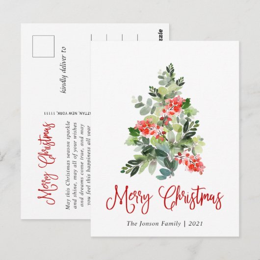 Waterverf Holly Berry-kerstboomgroet Briefkaart (Voorkant / Achterkant)