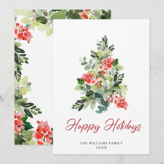 Waterverf Holly Berry-kerstboomgroet Feestdagenkaart (Voorkant / Achterkant)