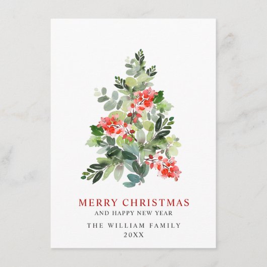 Waterverf Holly Berry-kerstboomgroet Feestdagenkaart (Voorkant)