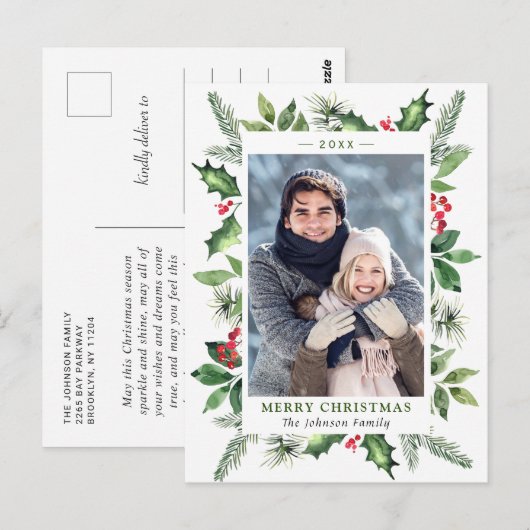 Waterverf Holly Berry Kerstfeestdag Briefkaart (Voorkant / Achterkant)