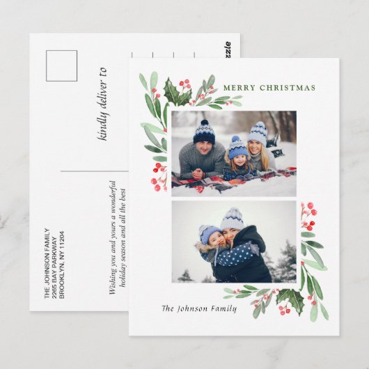 Waterverf Holly Berry Kerstmis 2 FOTO Groet Briefkaart (Voorkant / Achterkant)