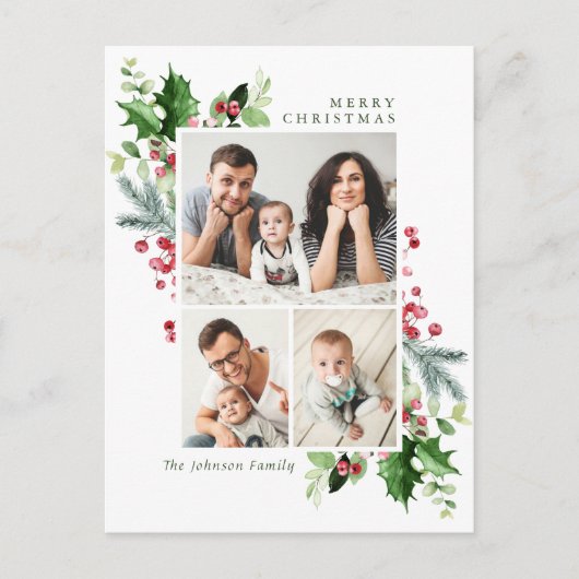 Waterverf Holly Berry Kerstmis 3 PHOTO Greep Briefkaart (Voorkant)
