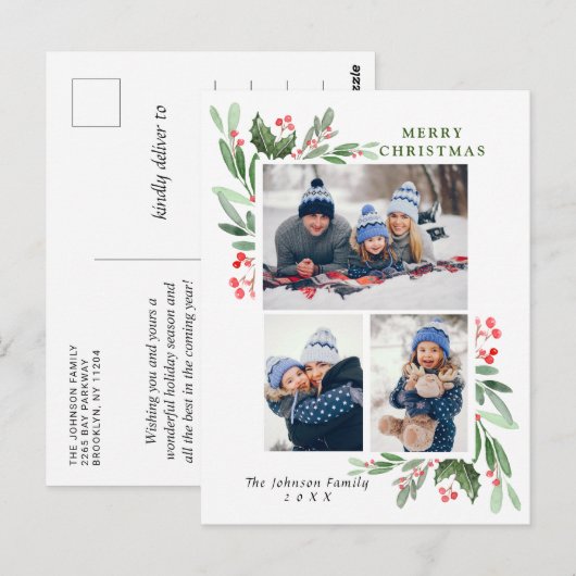 Waterverf Holly Berry Kerstmis 3 PHOTO Greep Briefkaart (Voorkant / Achterkant)