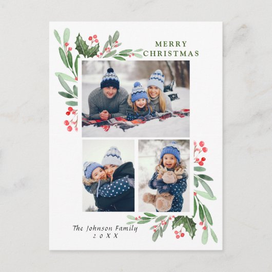 Waterverf Holly Berry Kerstmis 3 PHOTO Greep Briefkaart (Voorkant)