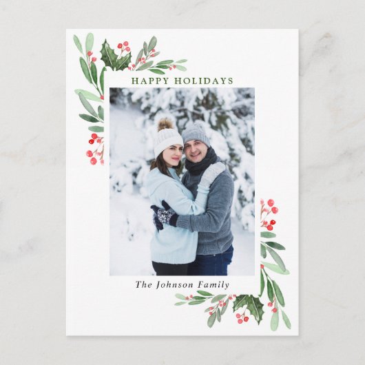 Waterverf Holly Berry Kerstmis PHOTO Greeting Briefkaart (Voorkant)