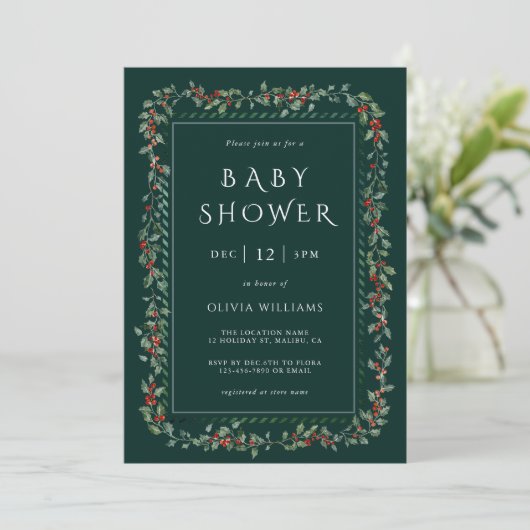 Waterverf Holly Berry Lijst Boy Baby shower Groen Kaart (Staand voorkant)