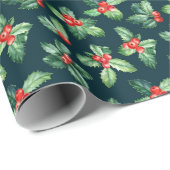 Waterverf Holly Berry Mistletoe Kerstfeestdag Cadeaupapier (Rol Hoek)