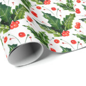 Waterverf Holly Berry Mistletoe Kerstfeestdag Cadeaupapier (Rol Hoek)