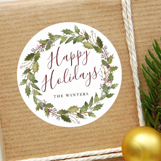 Waterverf Holly Berry Prettige feestdagen Ronde Sticker