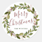 Waterverf Holly Berry Wreath Merry kerst Ronde Sticker (Voorkant)