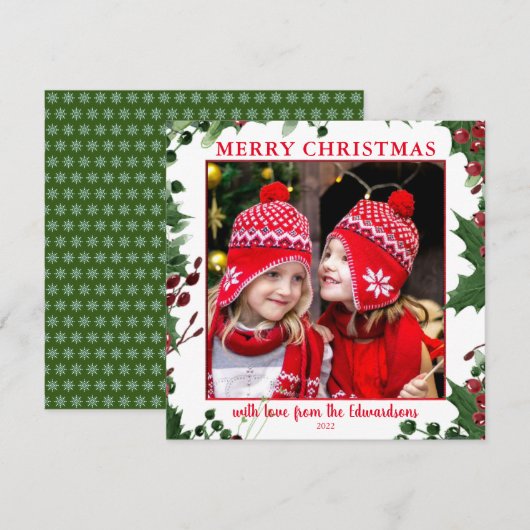 Waterverf Holly bessen Kerstaffoto (Voorkant / Achterkant)