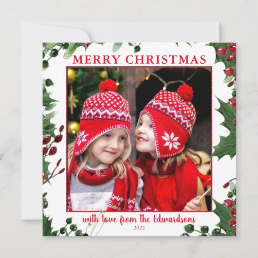 Waterverf Holly bessen Kerstaffoto (Voorkant)