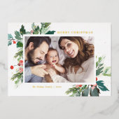 Waterverf Holly Botanische kerstfoto Folie Feestdagenkaart (Voorkant)