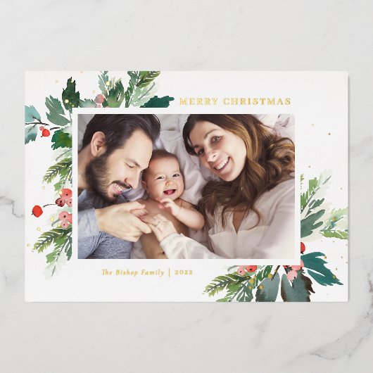 Waterverf Holly Botanische kerstfoto Folie Feestdagenkaart (Voorkant)