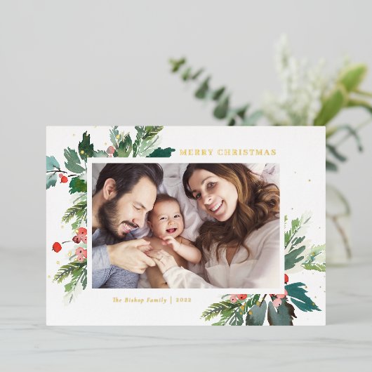 Waterverf Holly Botanische kerstfoto Folie Feestdagenkaart (Staand Voorkant)