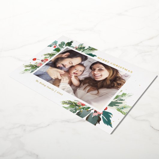 Waterverf Holly Botanische kerstfoto Folie Feestdagenkaart (Gedraaid)