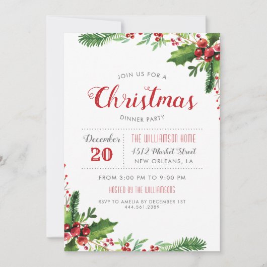 Waterverf Holly Branches Kerstdiner Kaart (Voorkant)