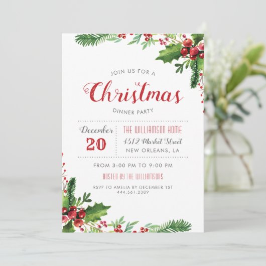 Waterverf Holly Branches Kerstdiner Kaart (Staand voorkant)