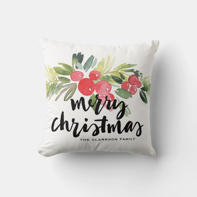 Waterverf Holly Brush Lettering Merry kerst Kussen (Voorkant)