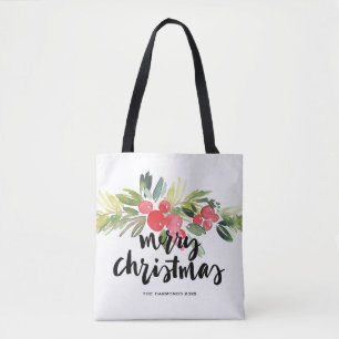 Waterverf Holly Brush Lettering Merry kerst Tote Bag