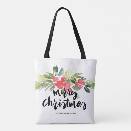 Waterverf Holly Brush Lettering Merry kerst Tote Bag (Achterkant)