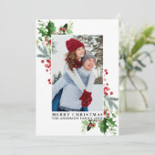 Waterverf Holly Christmas Greenery Foto Feestdagenkaart (Staand voorkant)