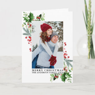 Waterverf Holly Christmas Greenery Foto gevouwen Feestdagen Kaart