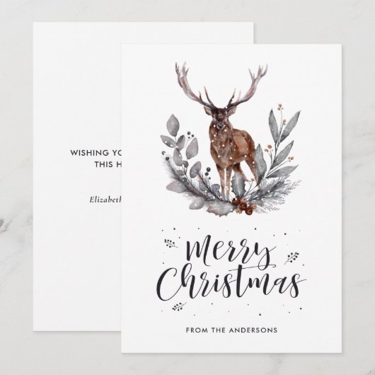 Waterverf Holly Deer-kerstkaarten Feestdagenkaart (Voorkant / Achterkant)
