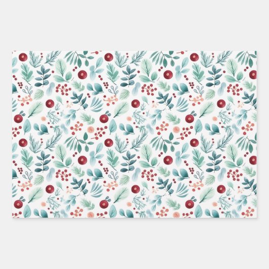 Waterverf Holly dennen en bessen kerst Inpakpapier Vel (Voorkant 3)