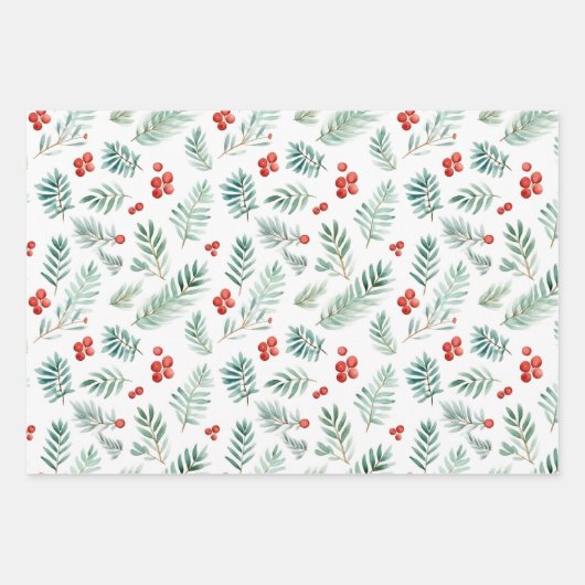 Waterverf Holly dennen en bessen kerst Inpakpapier Vel (Voorkant)