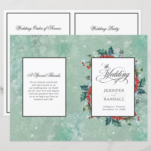 Waterverf Holly en Berrie Folded Wedding Programme (Voorkant / Achterkant)