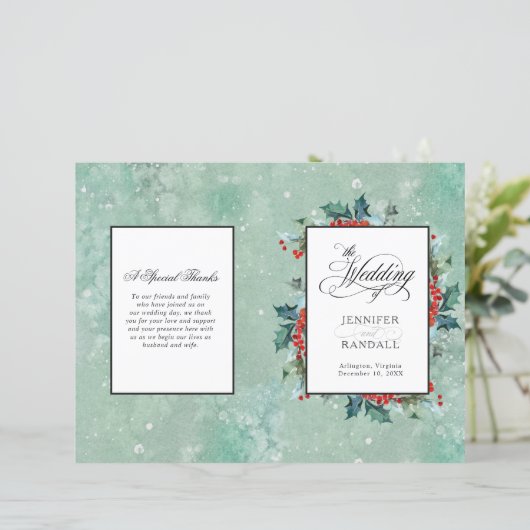 Waterverf Holly en Berrie Folded Wedding Programme (Staand voorkant)