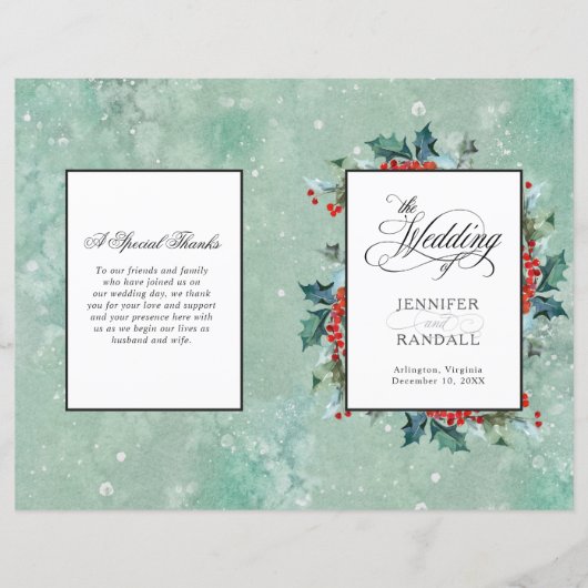 Waterverf Holly en Berrie Folded Wedding Programme (Voorkant)