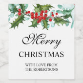 Waterverf Holly en Berries Kerst met kerst Wijn Etiket (Enkel label)