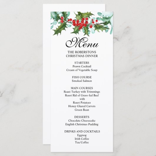 Waterverf Holly en Berries Kerstfeest Menu (Voorkant / Achterkant)